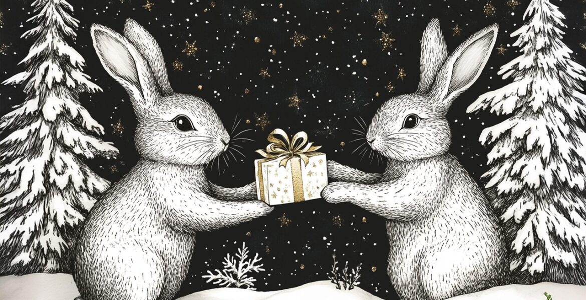 Deux lapins offrant et recevant des cadeaux