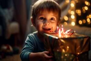 L'enfant offre des cadeaux et son sourire